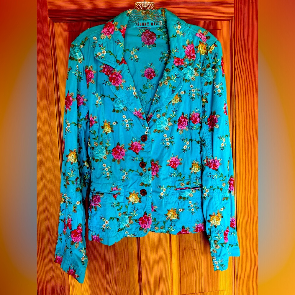 Johnny Was Fitted Embroidered Turquoise Waistcoat